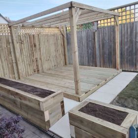 Cleaned out brickwork and repainted. 
Other pictures showing frame work for decking and pergola
Then the finished job with slabs around decking and planter to add finishing touch. : Click Here To View Larger Image